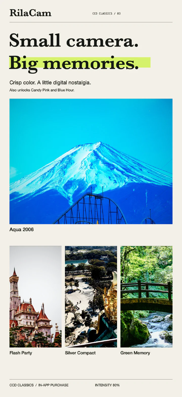 CCD Classics 濾鏡展示：Aqua 2006 富士山、Flash Party 城堡、Silver Compact 寺院與 Green Memory 綠色溪流